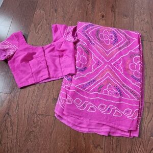 Pink Chiffon Bandhej Saree With Small Blouse